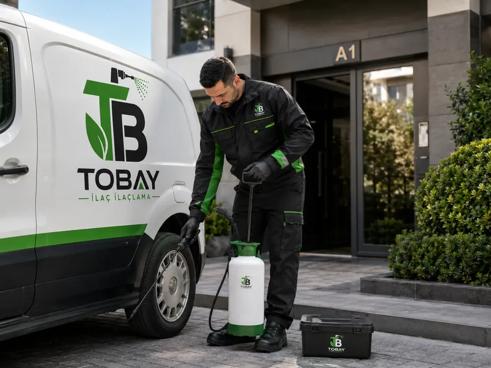 Tobay logolu servis aracı ve bina girişinde uygulama için hazır personel
